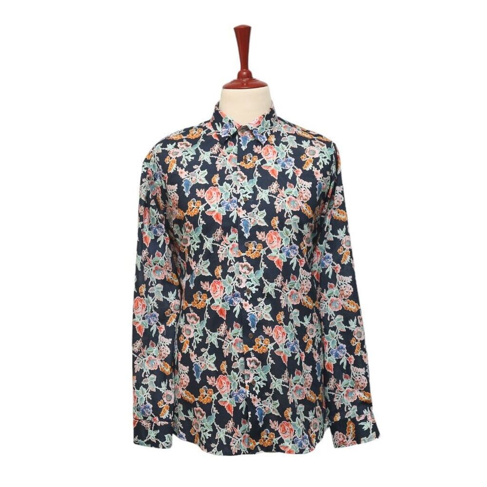 Mens Shirt Button Up Blue Orange Floral Dress Casual Hawaiian Beach Party XL